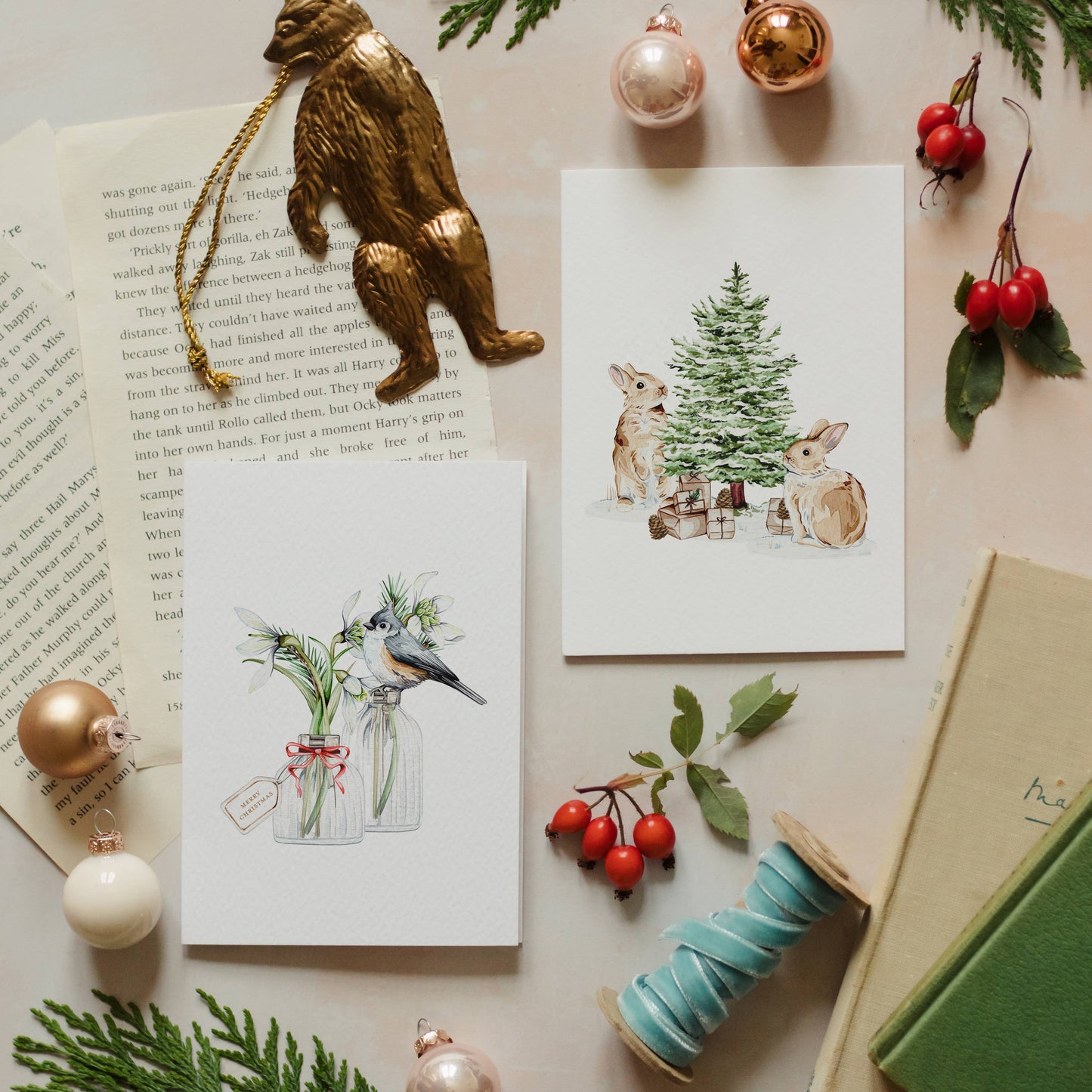 Festive Bunnies Watercolour Christmas Greetings Card