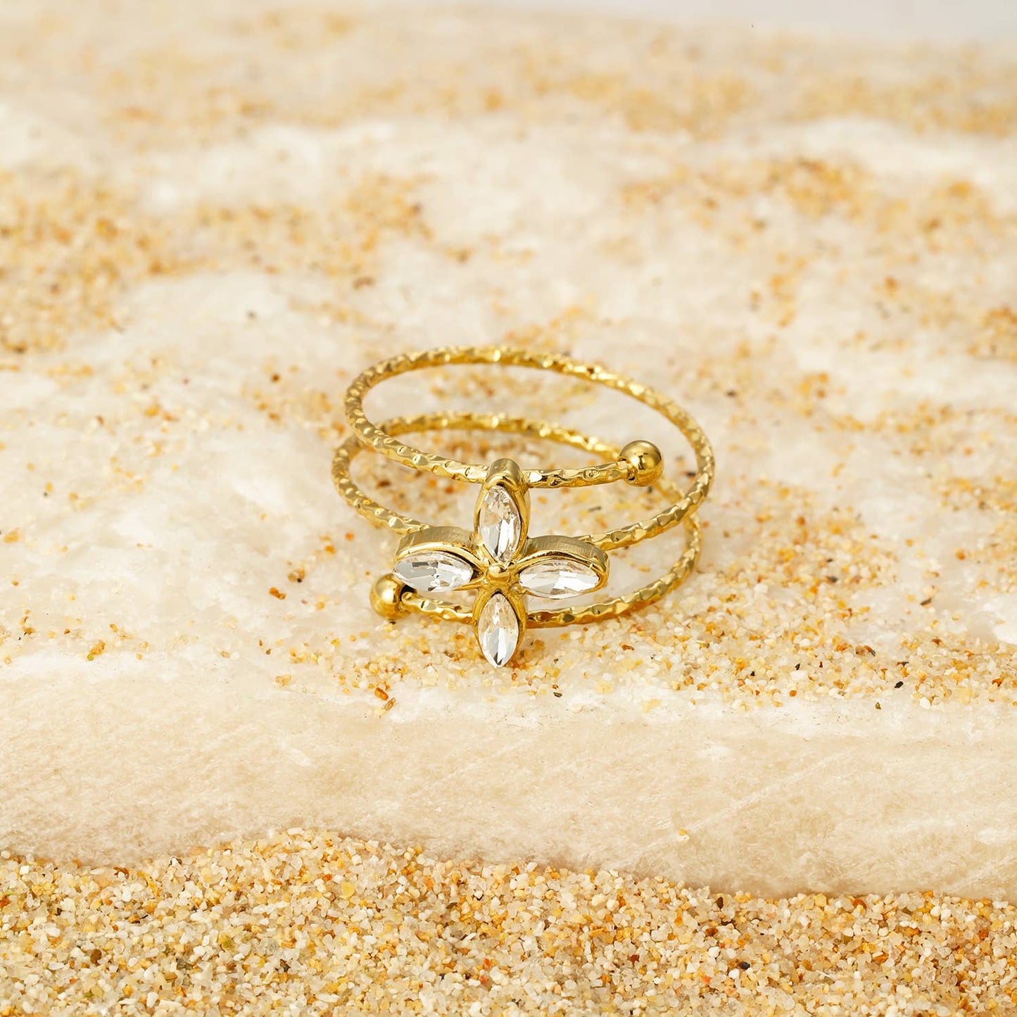 Crystal Flower Stainless Steel Ring