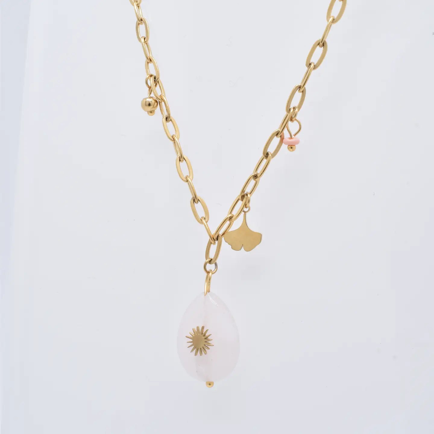 Pink and Gold-tone Steel Necklace with Natural Stones