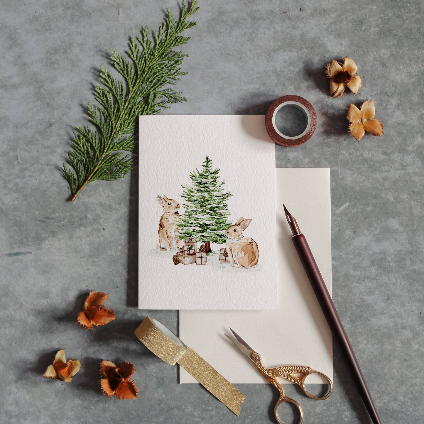 Festive Bunnies Watercolour Christmas Greetings Card