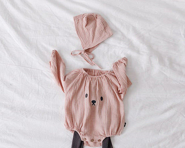 Bear Muslin Romper with Matching Bonnet