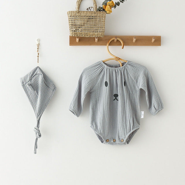 Bear Muslin Romper with Matching Bonnet