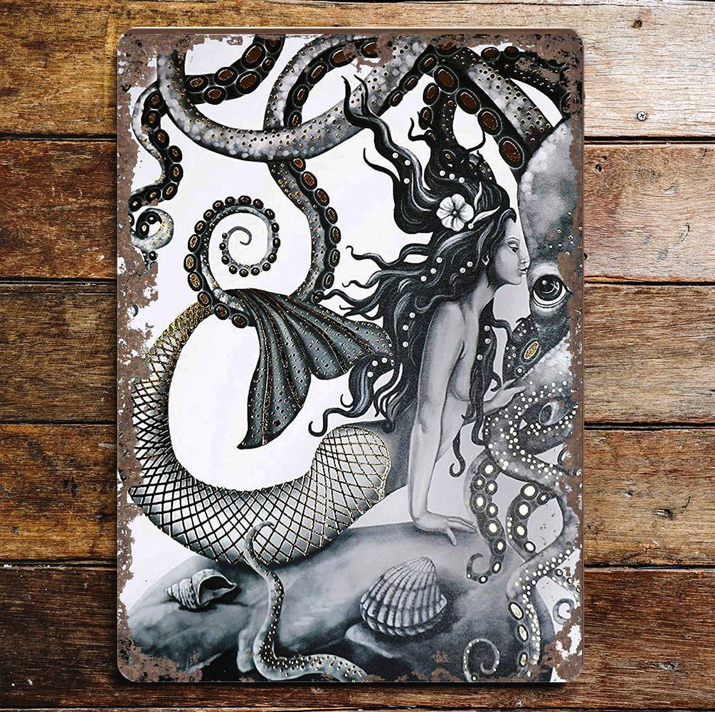 Mermaid Octopus Metal Sign Plaque