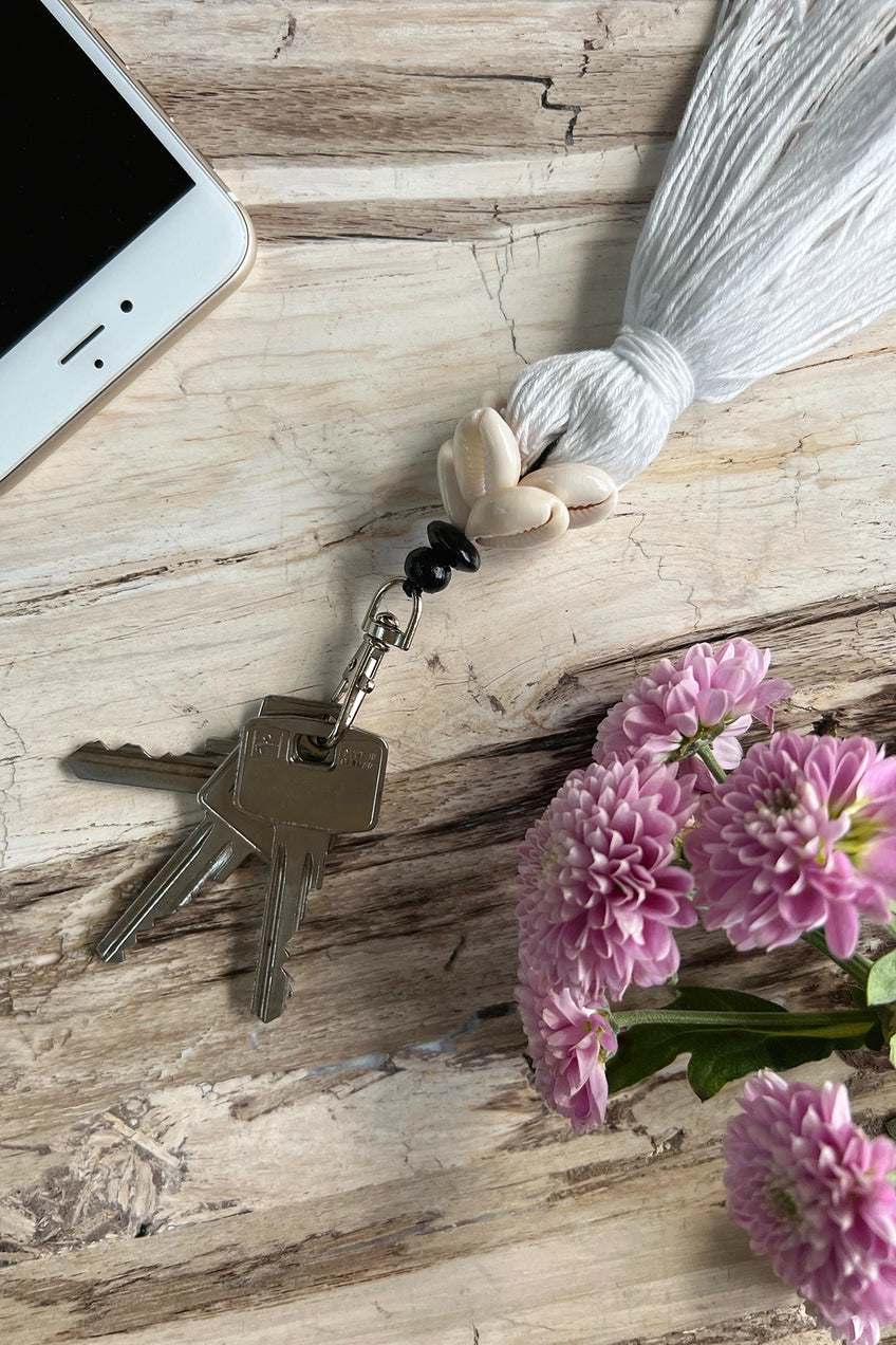White Cowrie Tassel Keychain