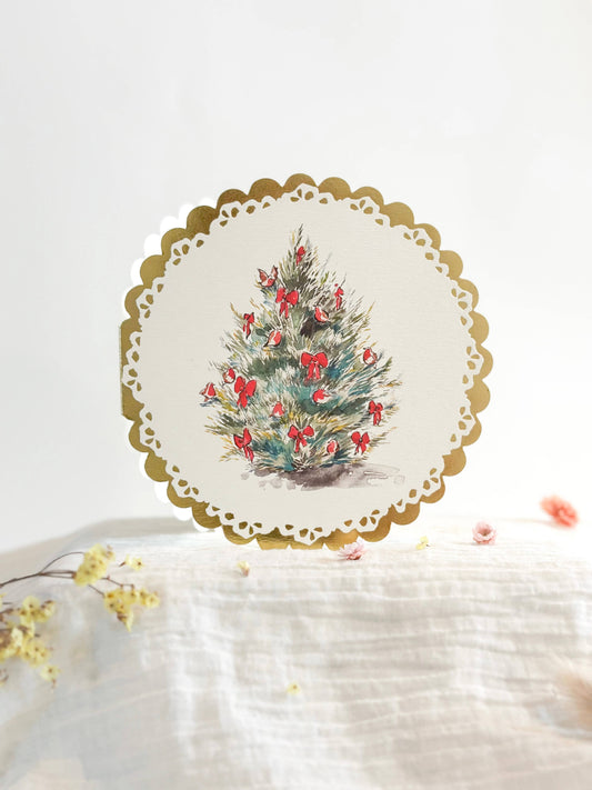 Red Fir Circular Gold Christmas Card