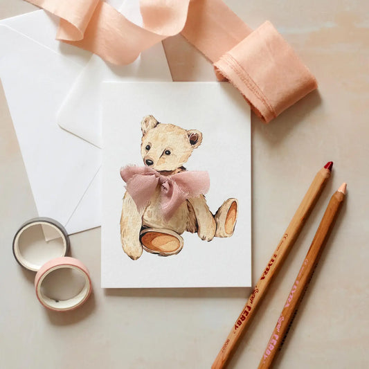 Teddy Bear Hand Pink Tied Silk Ribbon Watercolour Greetings Card