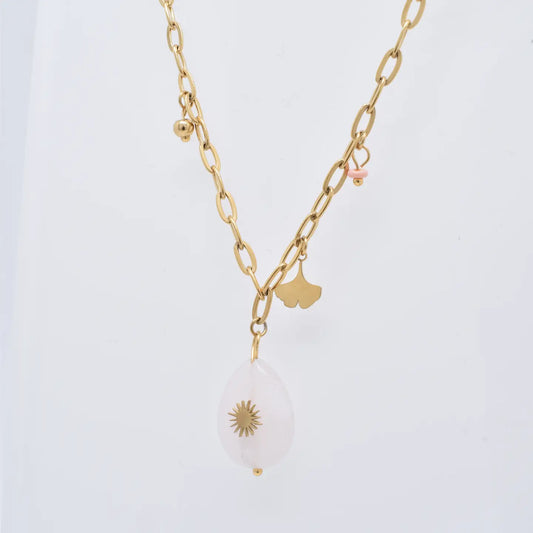 Pink and Gold-tone Steel Necklace with Natural Stones
