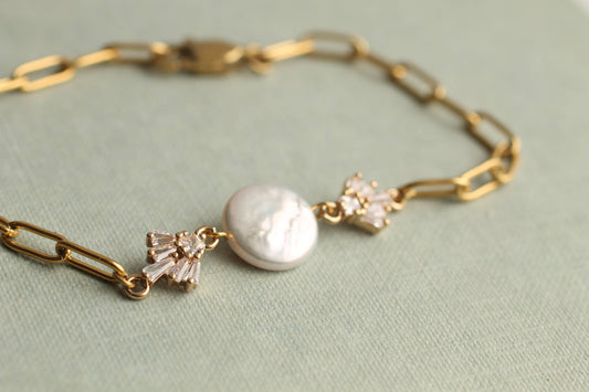 Gold Art Deco Freshwater Pearl Chain Bracelet