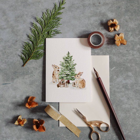 Festive Bunnies Watercolour Christmas Greetings Card
