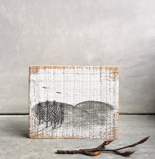 Wood painting-Trees on a hill