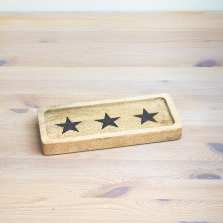 WOODEN BLOCK TRAY WITH STAR DESIGN, 23CM