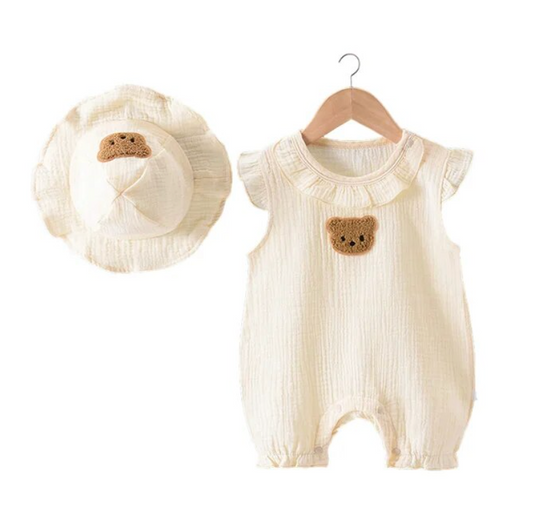 Natural Frill Bear Romper with Sun Hat
