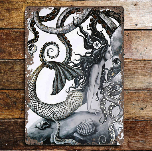 Mermaid Octopus Metal Sign Plaque