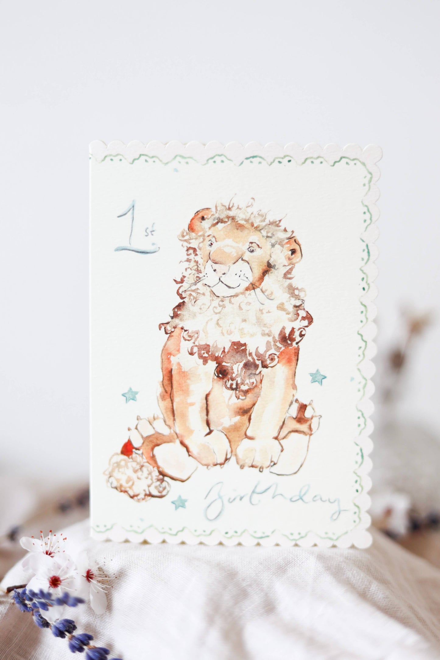 1st Birthday Lion Scalloped Edge Card