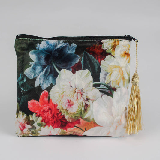 Vintage Floral Velvet Cosmetic Pouch with Golden Tassel