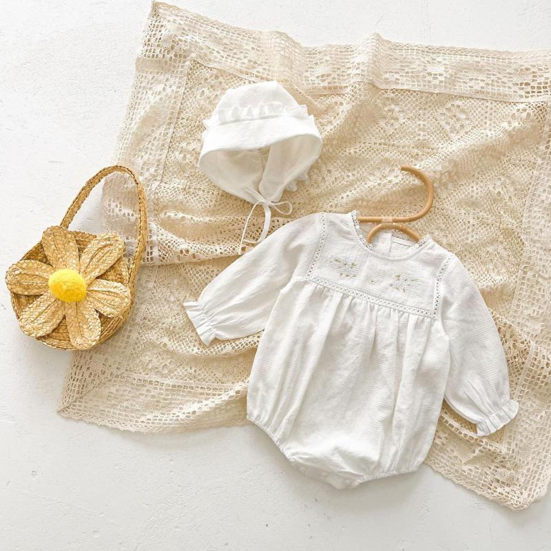 Embroidered Long Cotton White Romper